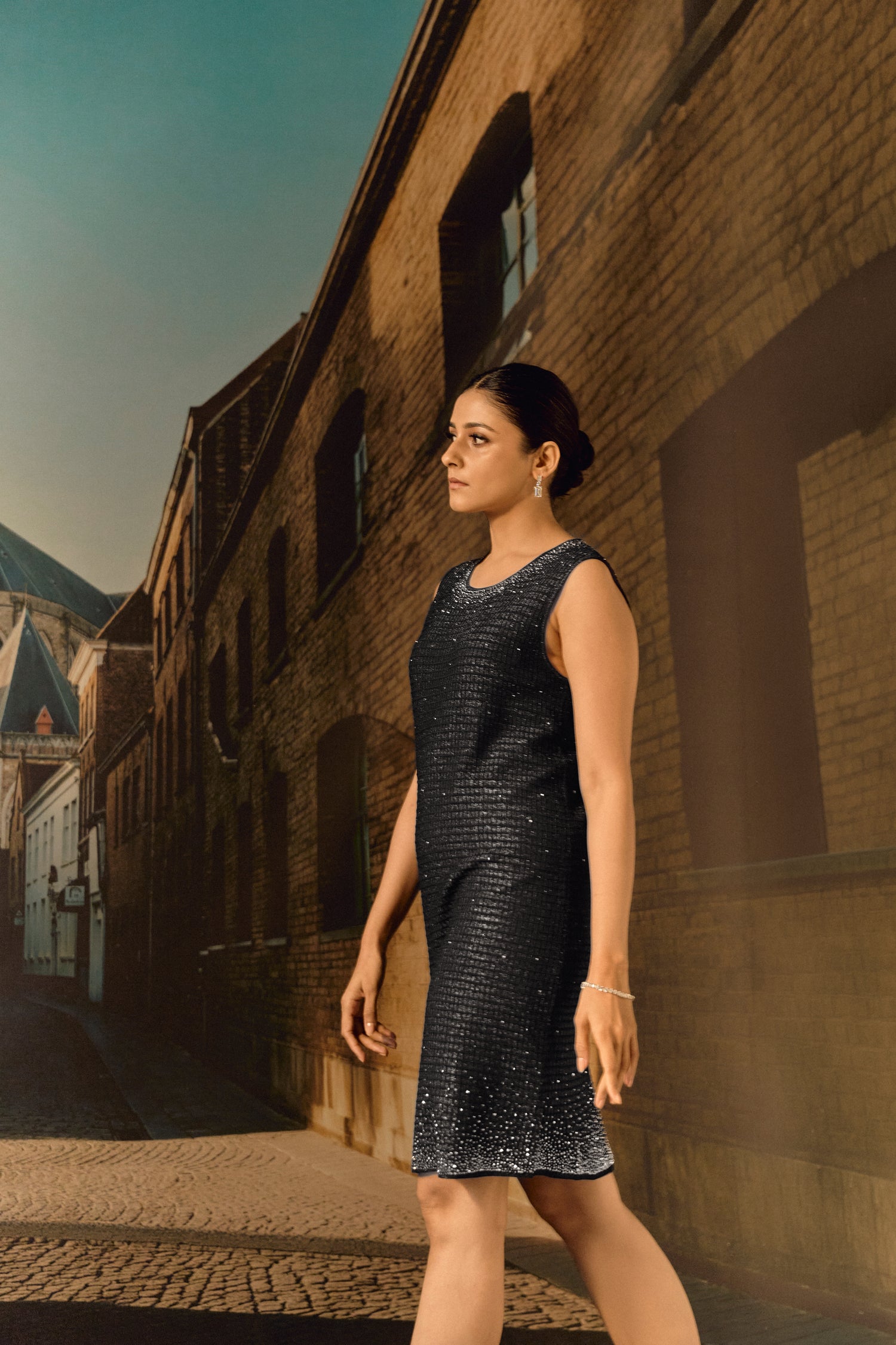 Waffle knit shift dress with Swarovski - Black
