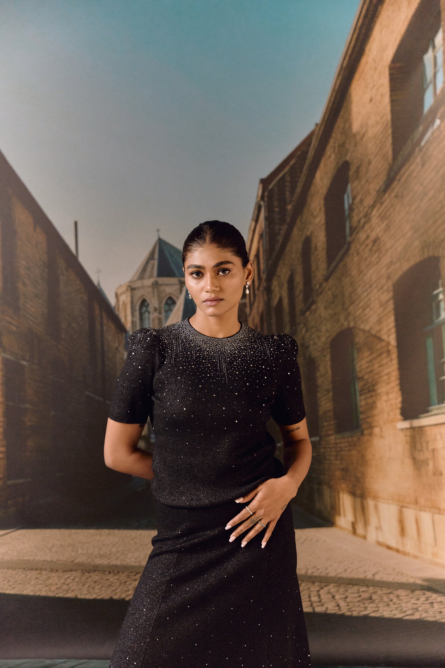 Swarovski skirt & top evening set in cashmere blend - Black