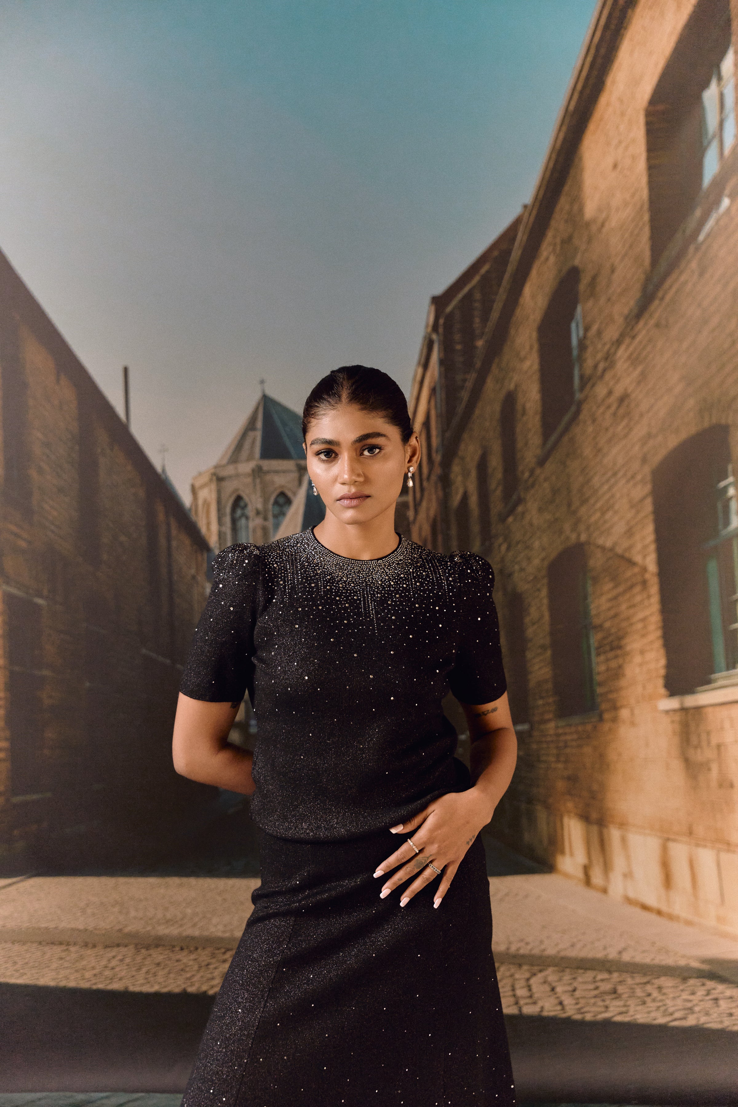 Swarovski skirt & top evening set in cashmere blend - Black