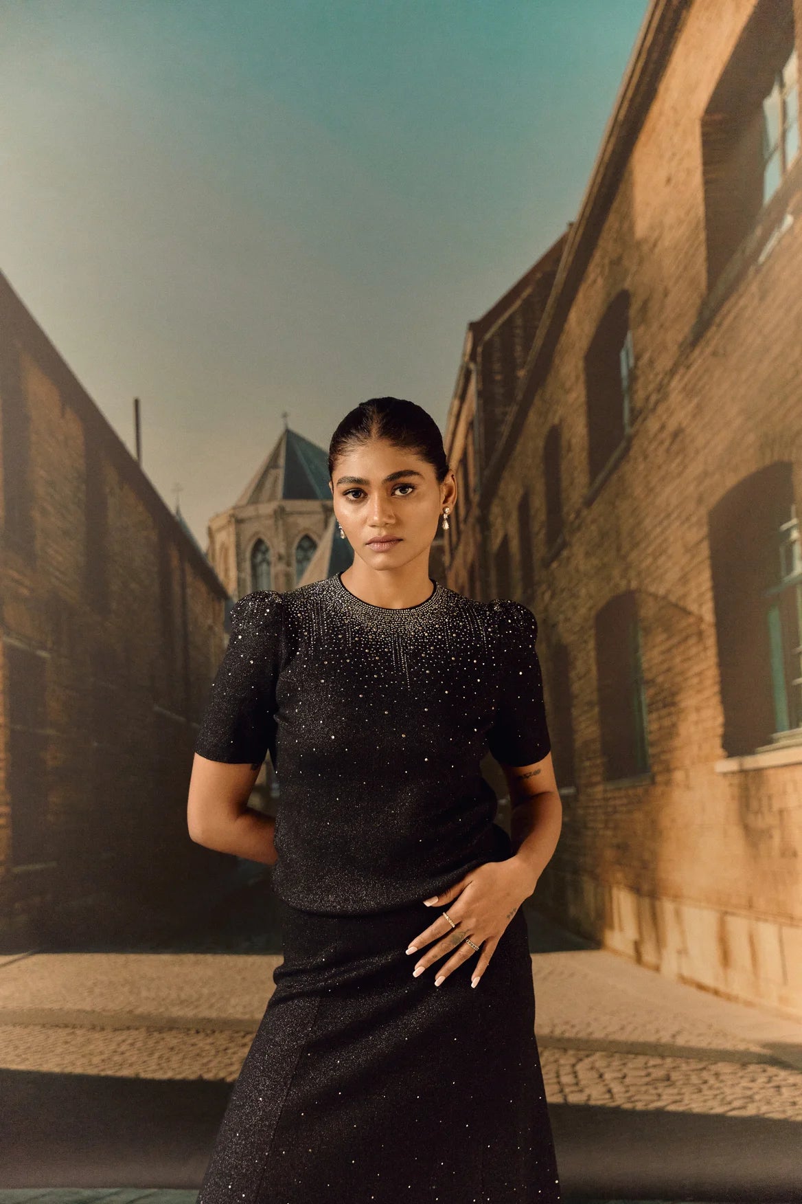 Swarovski skirt & top evening set in cashmere blend - Black