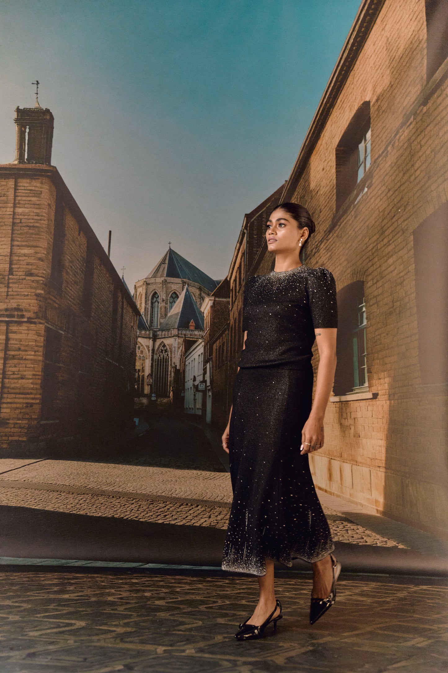 Swarovski skirt & top evening set in cashmere blend - Black