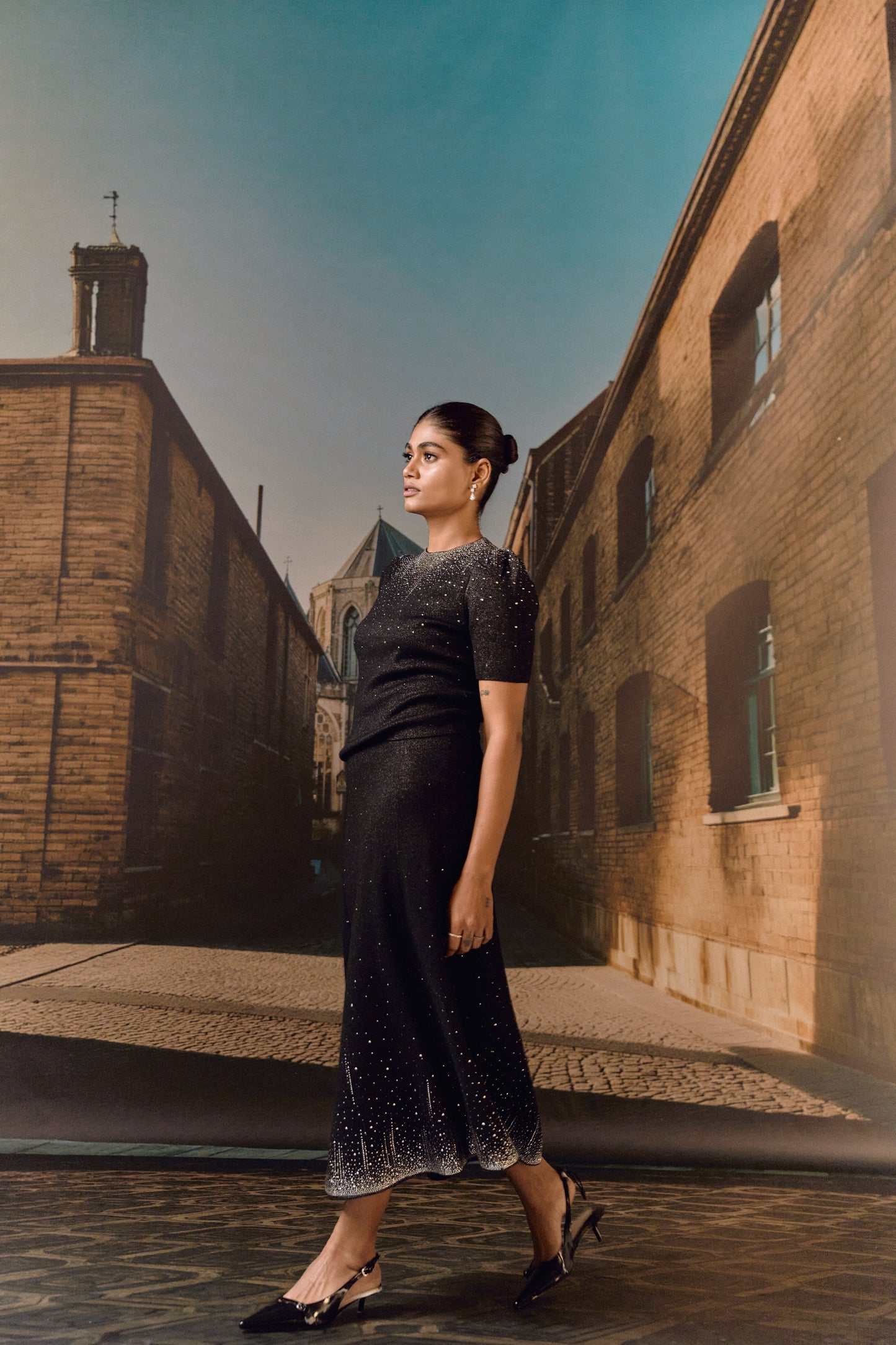 Swarovski skirt & top evening set in cashmere blend - Black