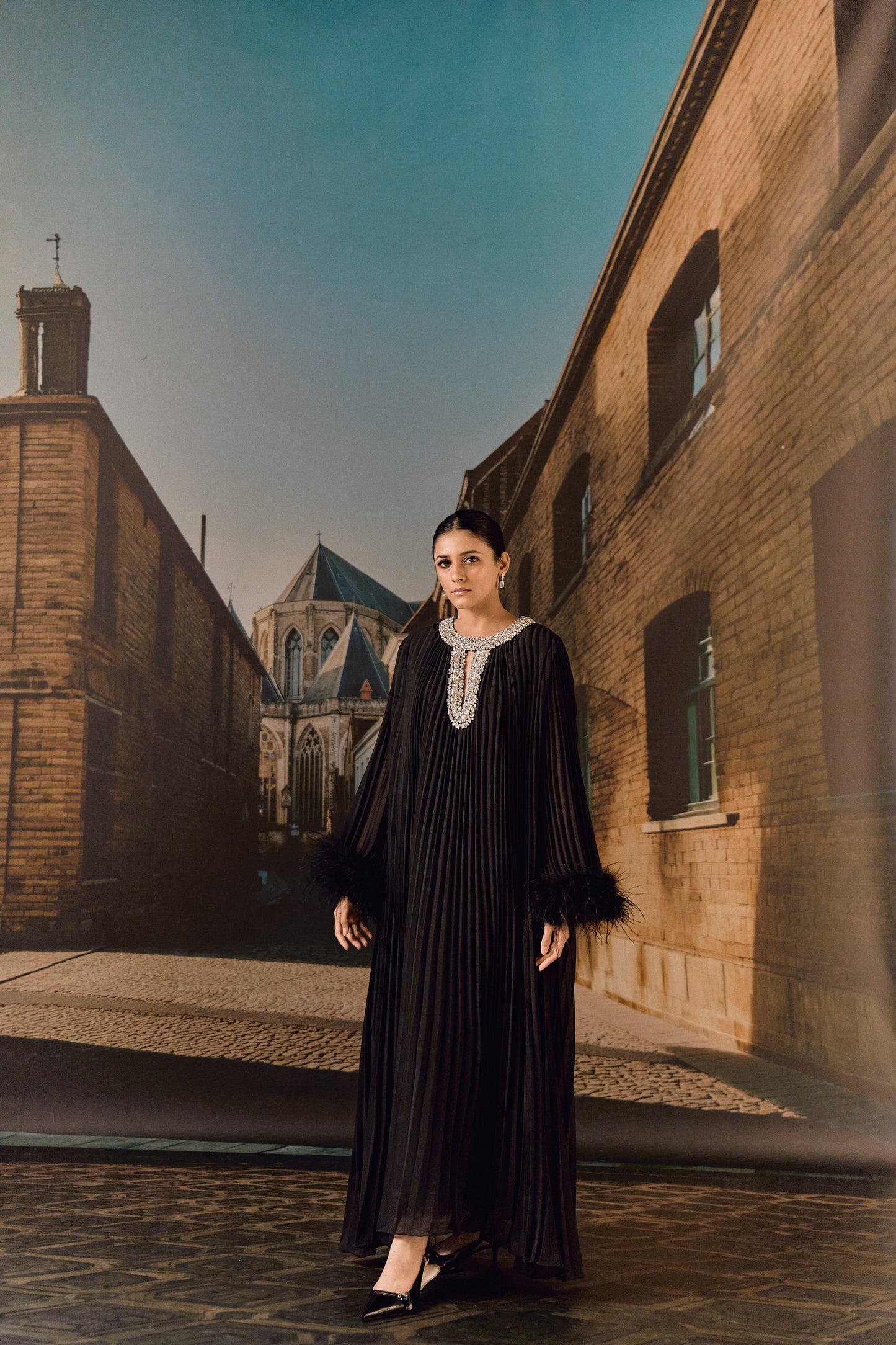 Crystal Embellished Pleated Kaftan- Black