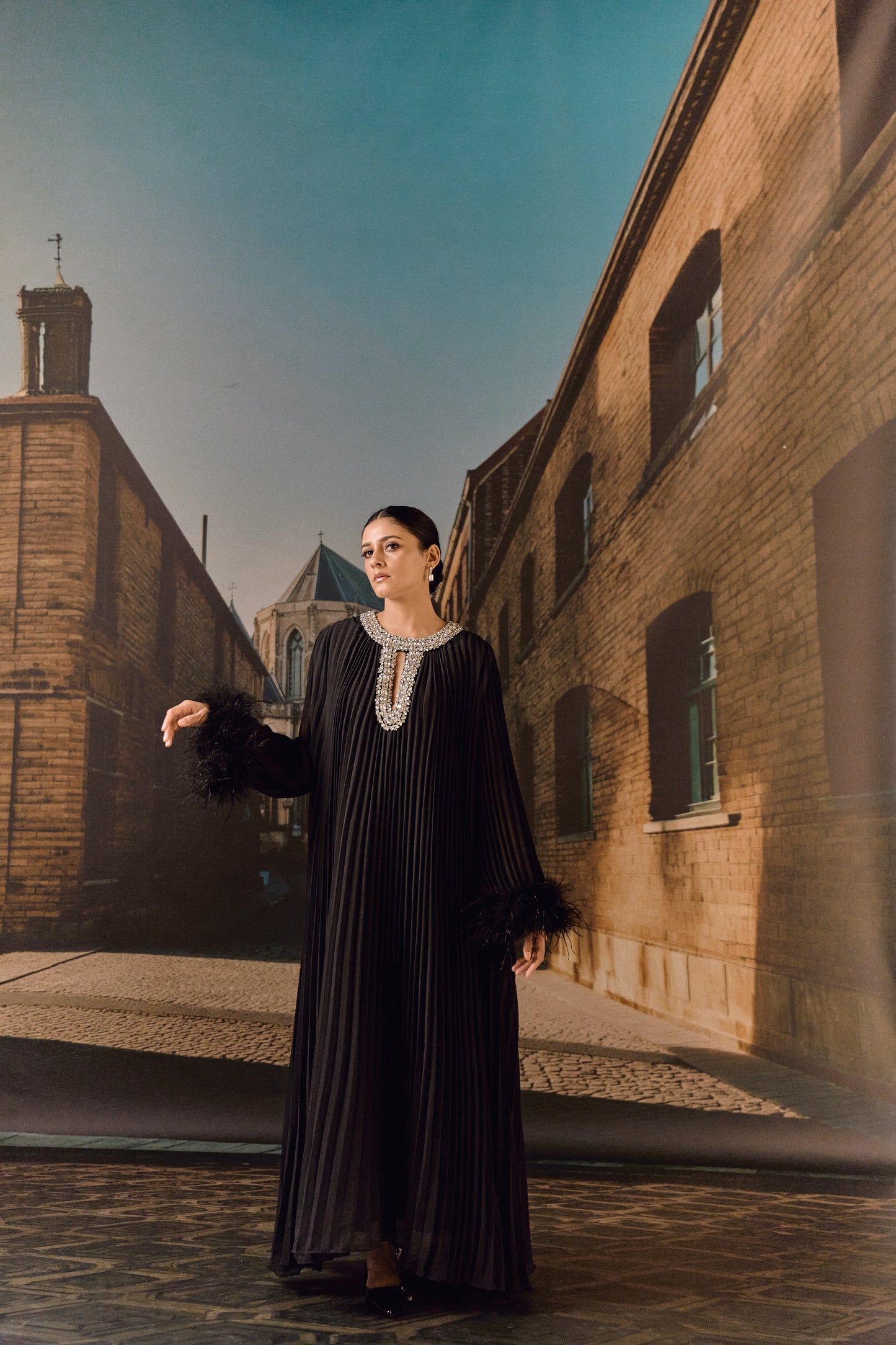 Crystal Embellished Pleated Kaftan- Black