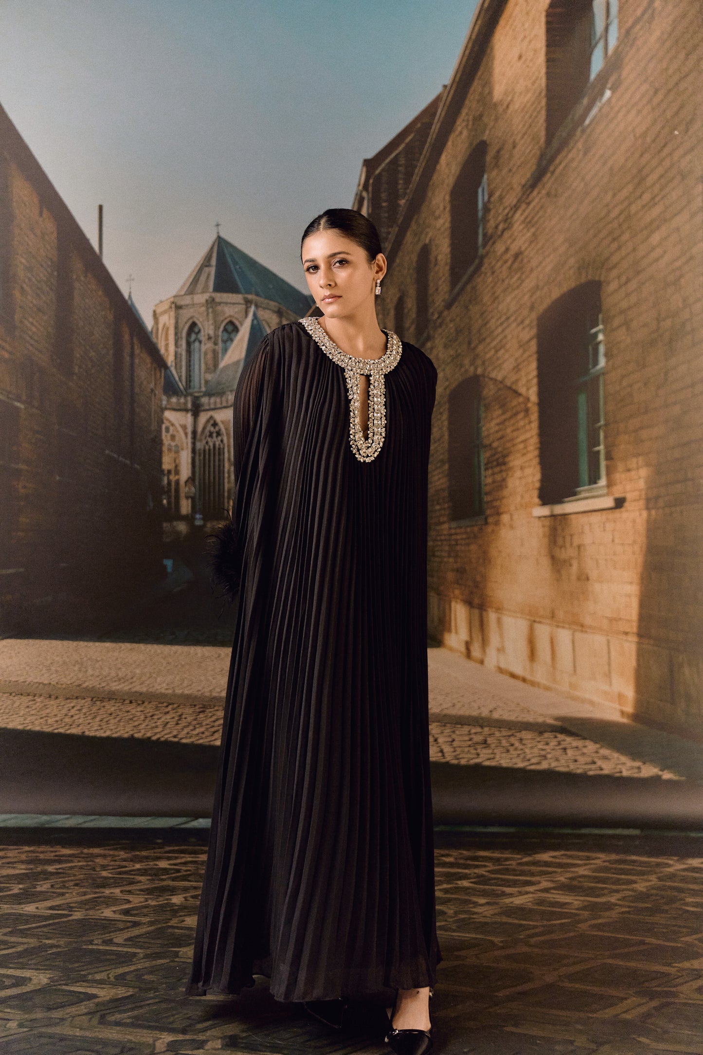 Crystal Embellished Pleated Kaftan- Black