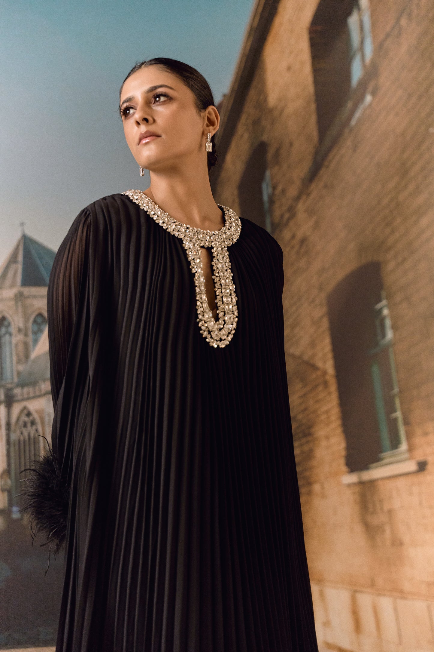 Crystal Embellished Pleated Kaftan- Black