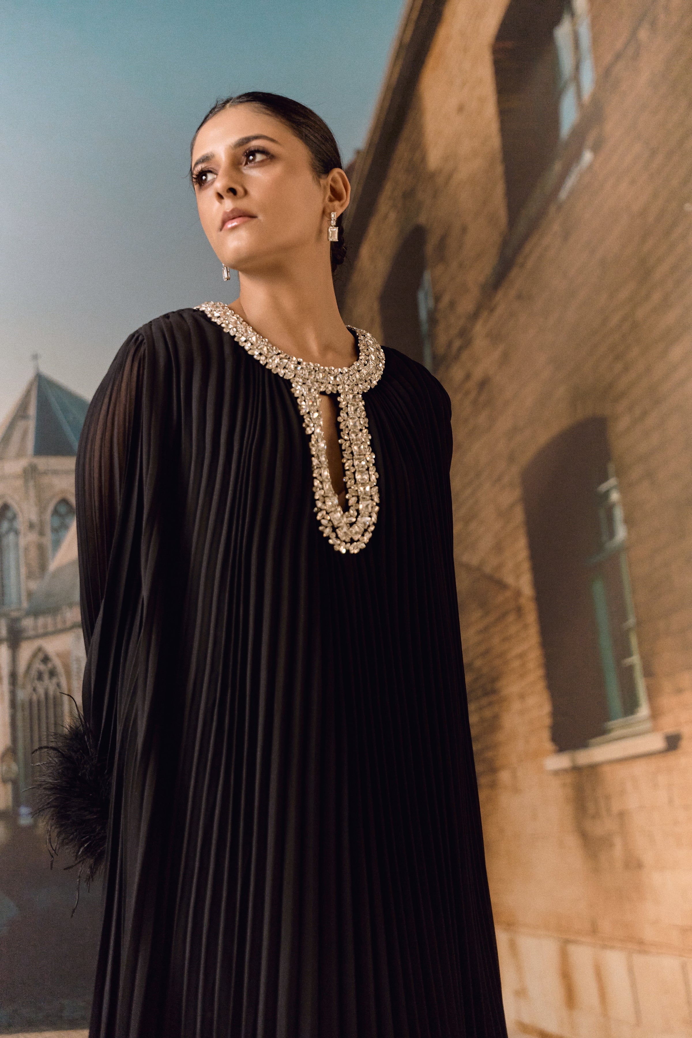 Crystal Embellished Pleated Kaftan- Black