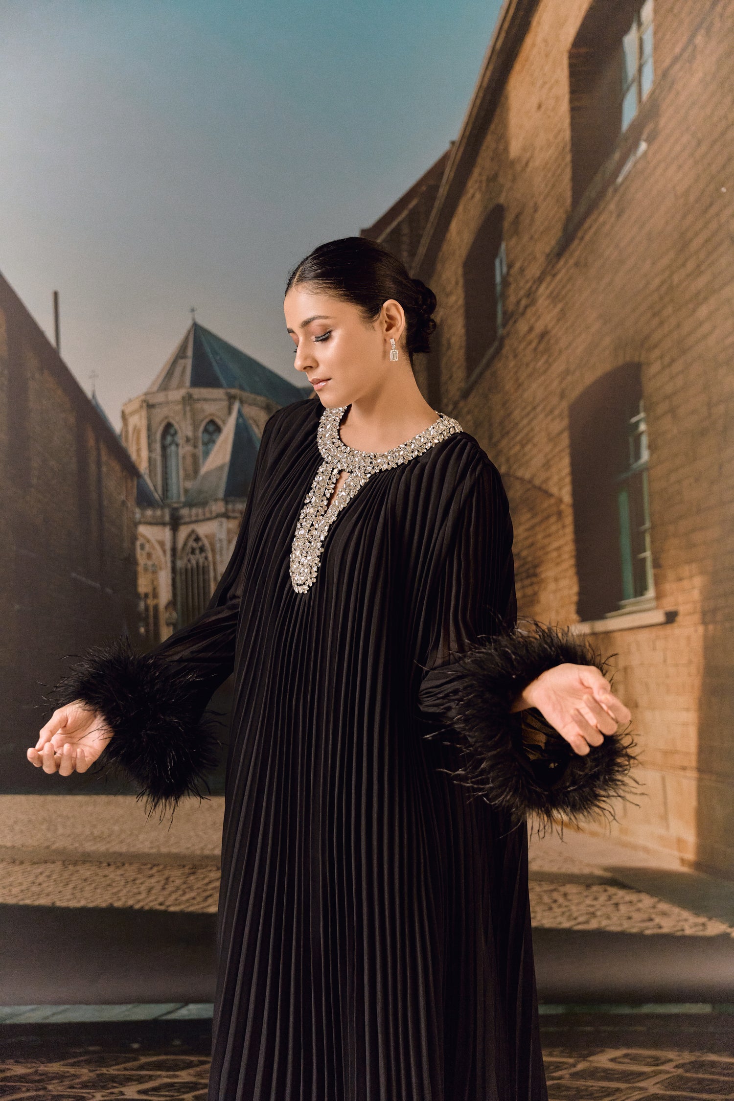 Crystal Embellished Pleated Kaftan- Black