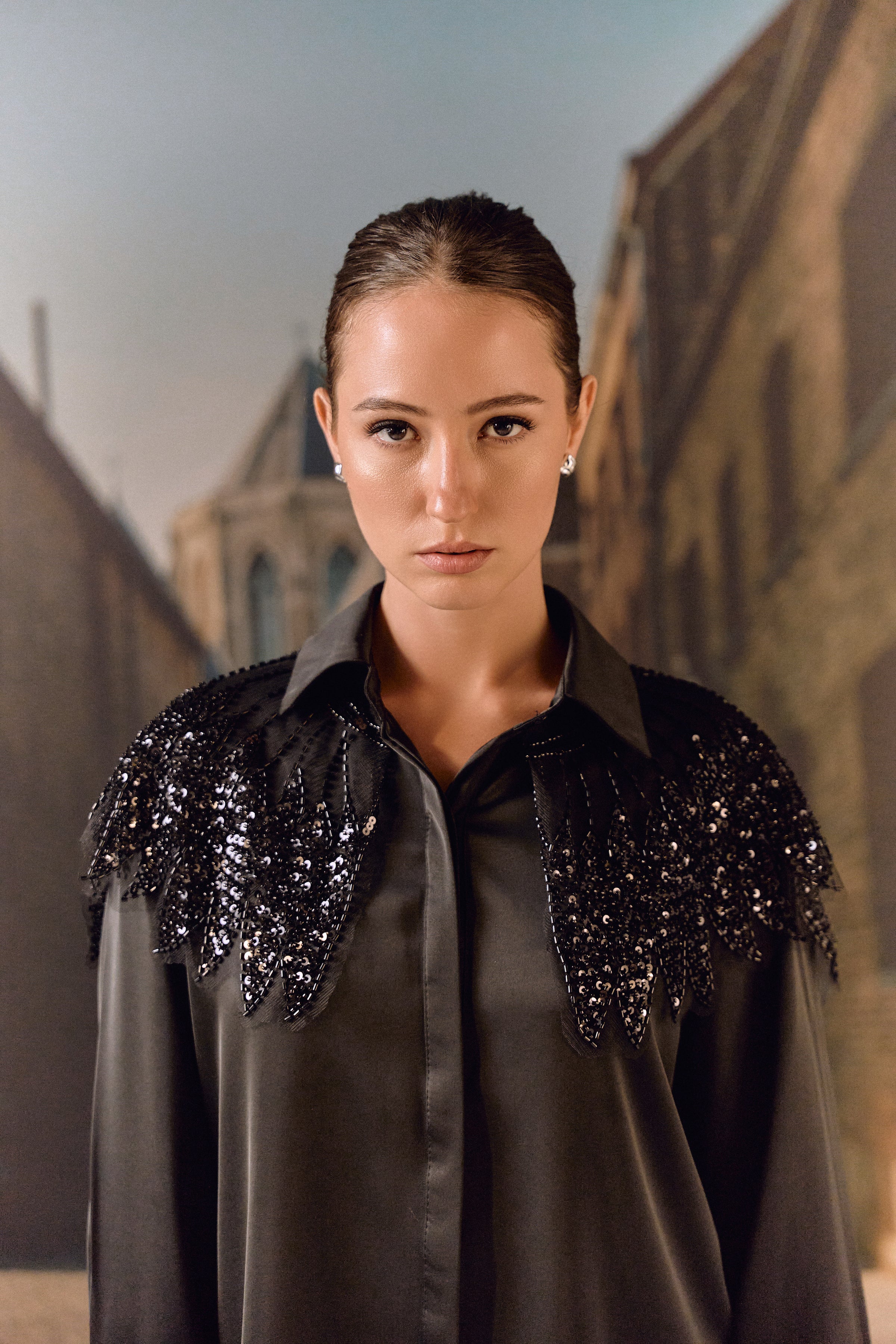 Formal evening shirt with bugle bead work bib - Black
