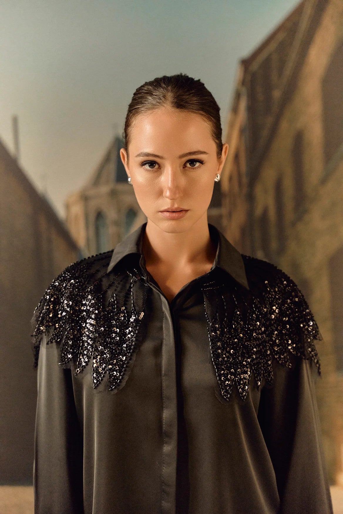 Formal evening shirt with bugle bead work bib - Black