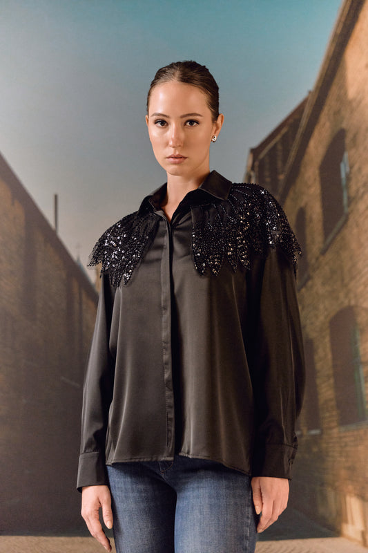 Formal evening shirt with bugle bead work bib - Black