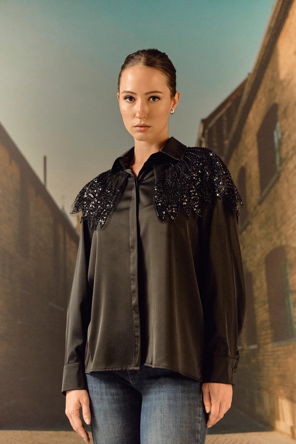 Formal evening shirt with bugle bead work bib - Black