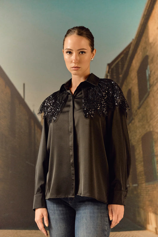 Formal evening shirt with bugle bead work bib - Black