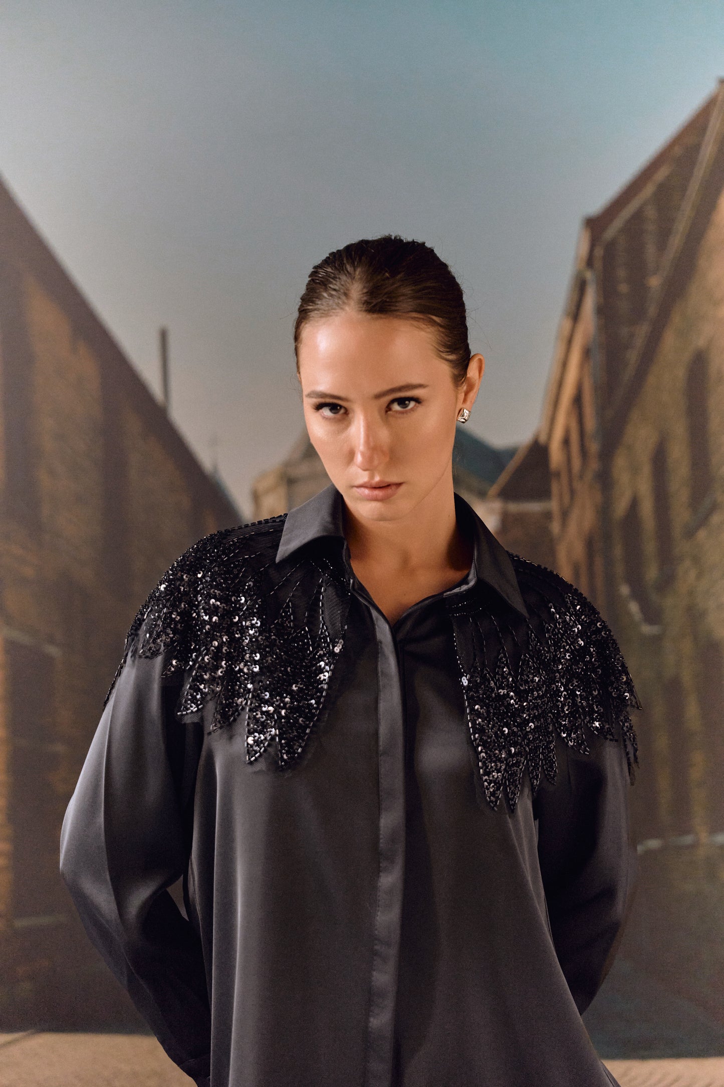 Formal evening shirt with bugle bead work bib - Black