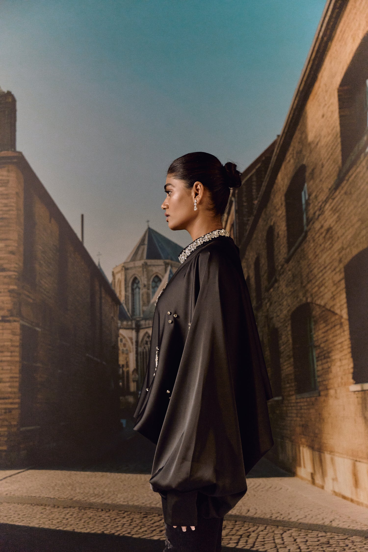 Silk satin balloon crystal kaftan top - Black