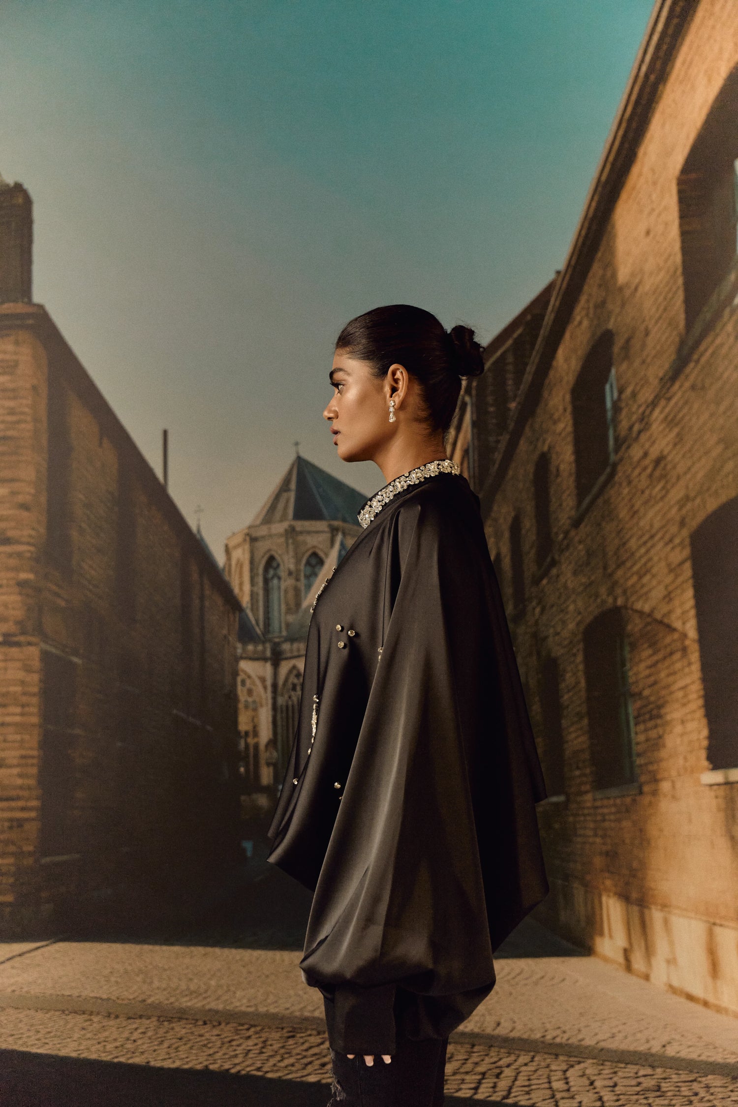 Silk satin balloon crystal kaftan top - Black