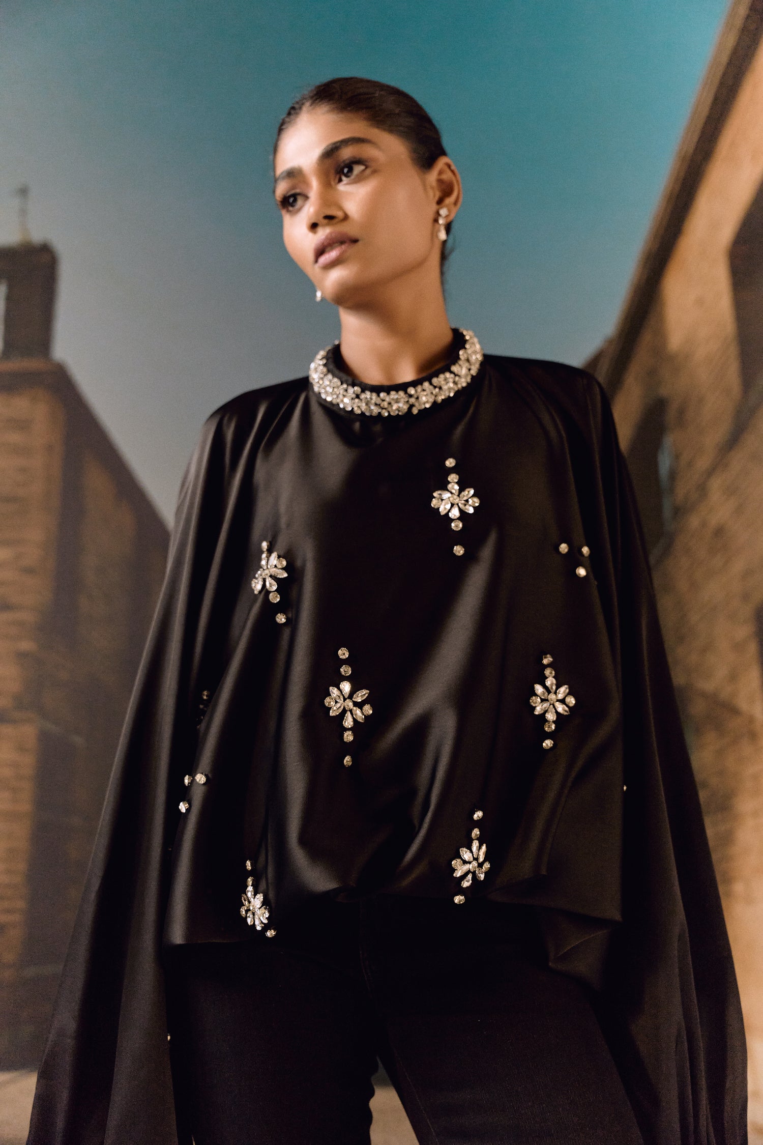 Silk satin balloon crystal kaftan top - Black