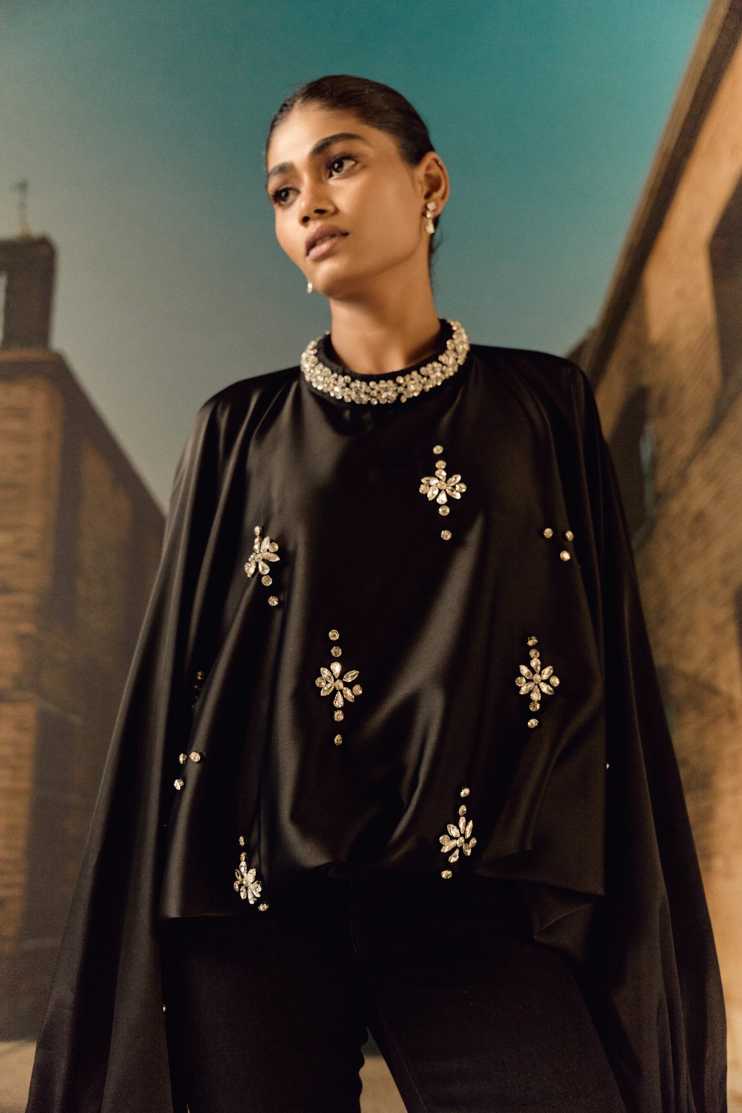 Silk satin balloon crystal kaftan top - Black