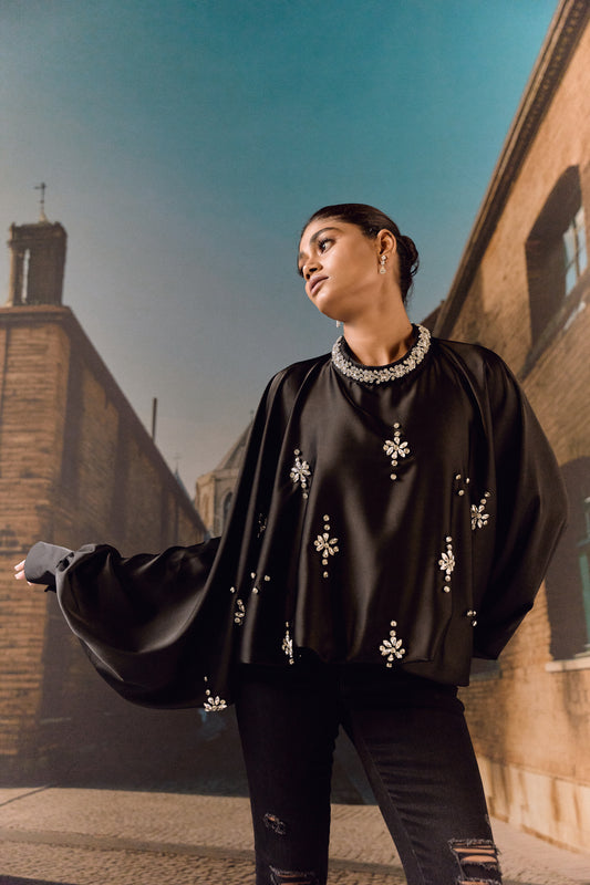 Silk satin balloon crystal kaftan top - Black