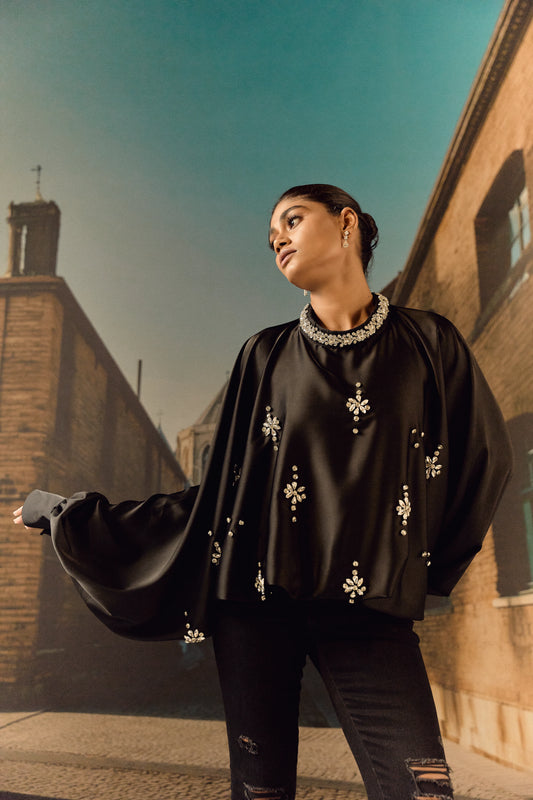 Silk satin balloon crystal kaftan top - Black