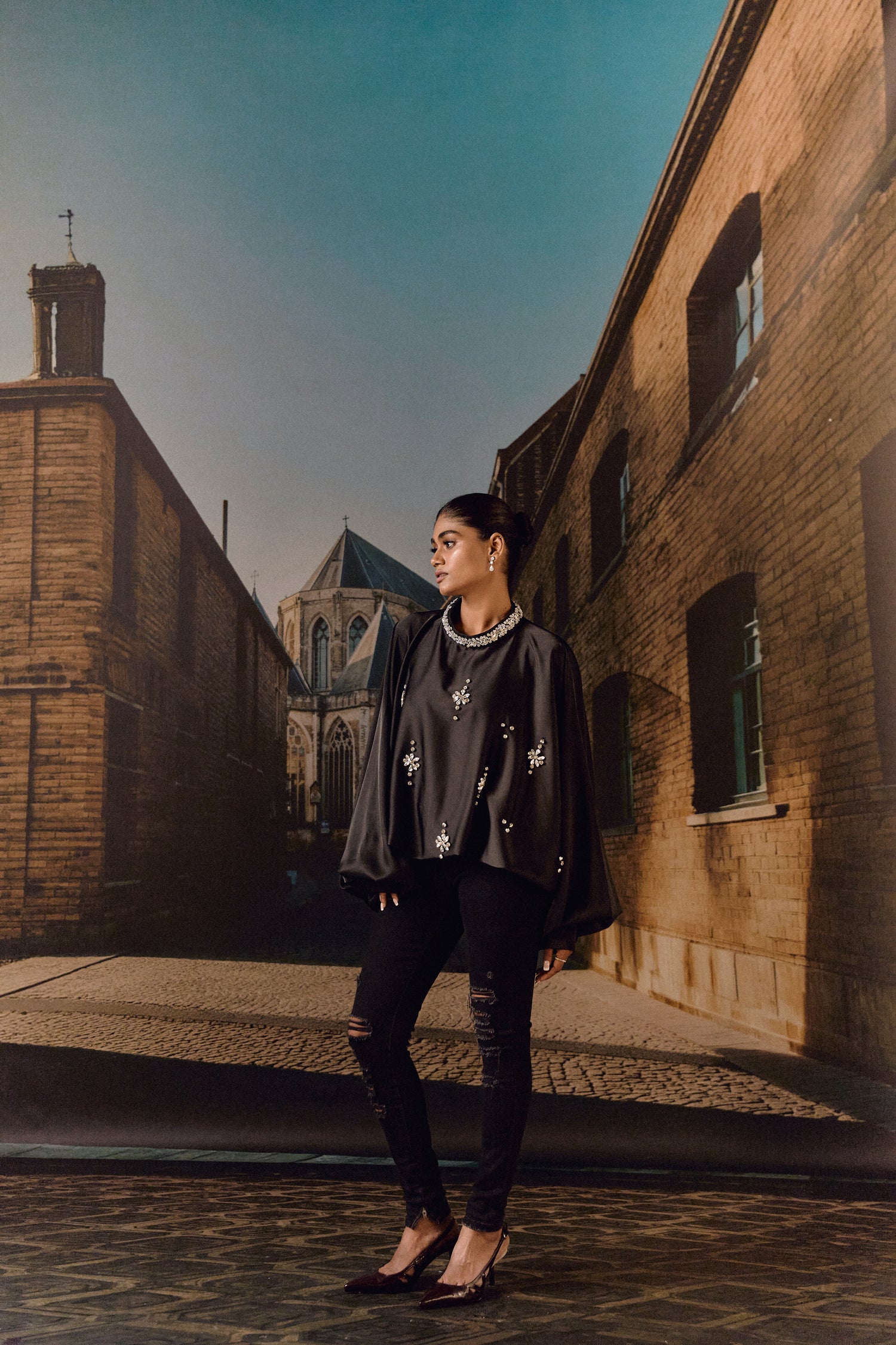 Silk satin balloon crystal kaftan top - Black
