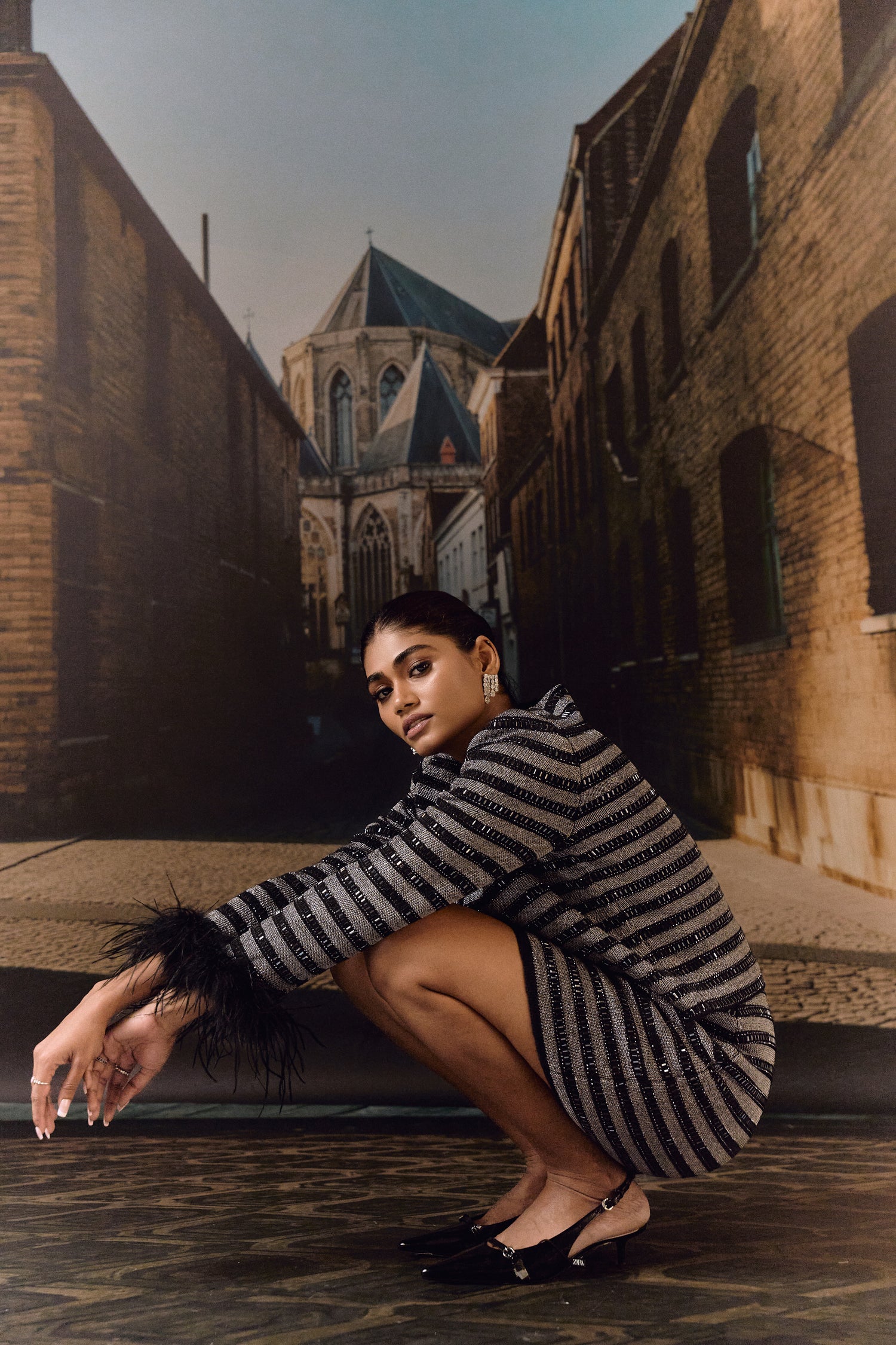 Stripe Knit jacket co ord with crystal and ostrich feather - Black