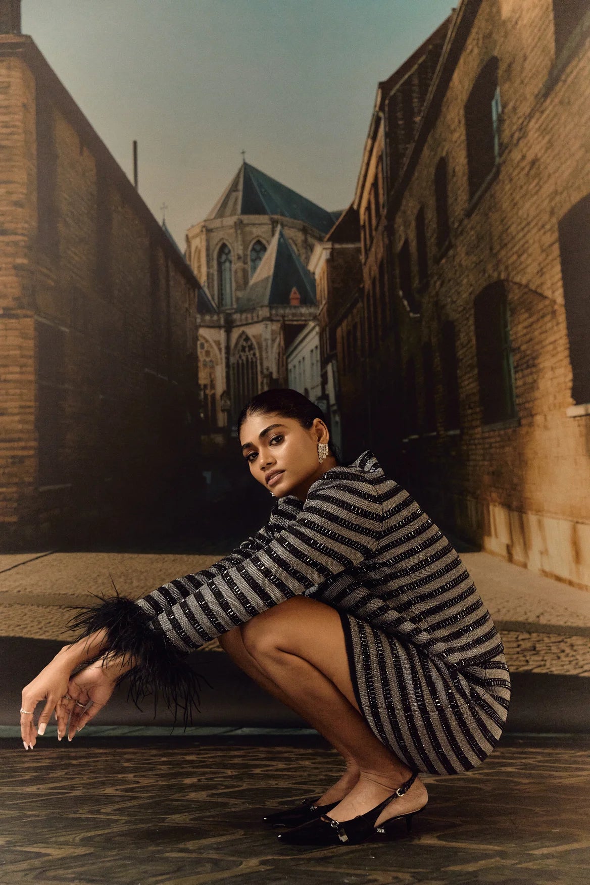 Stripe Knit jacket co ord with crystal and ostrich feather - Black