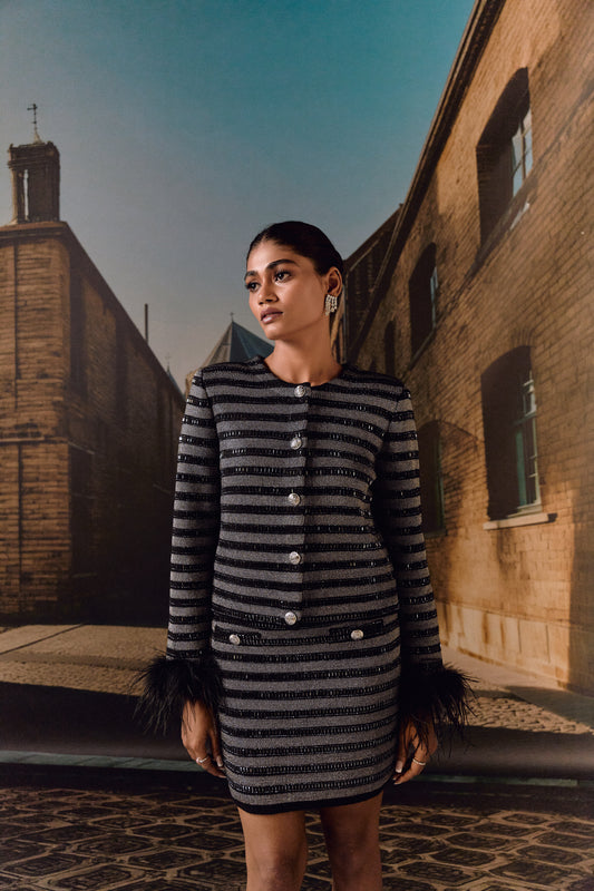 Stripe Knit jacket co ord with crystal and ostrich feather - Black