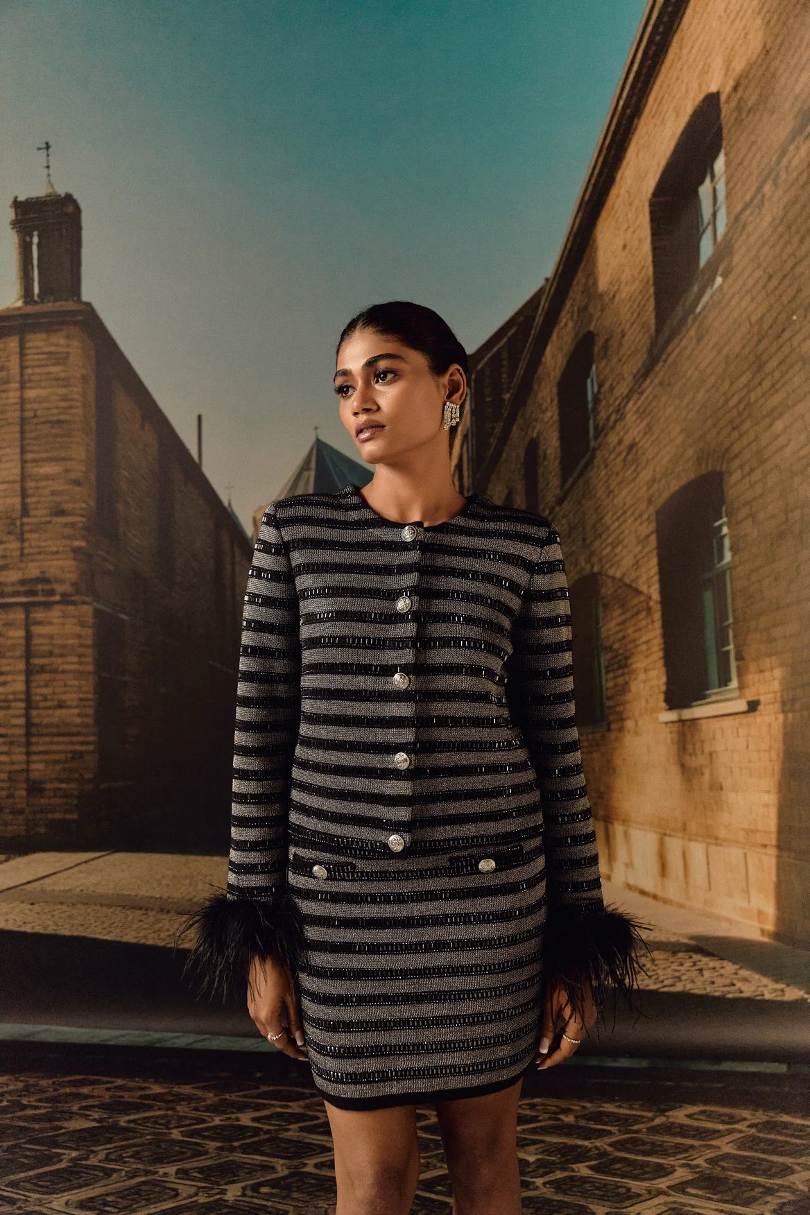 Stripe Knit jacket co ord with crystal and ostrich feather - Black