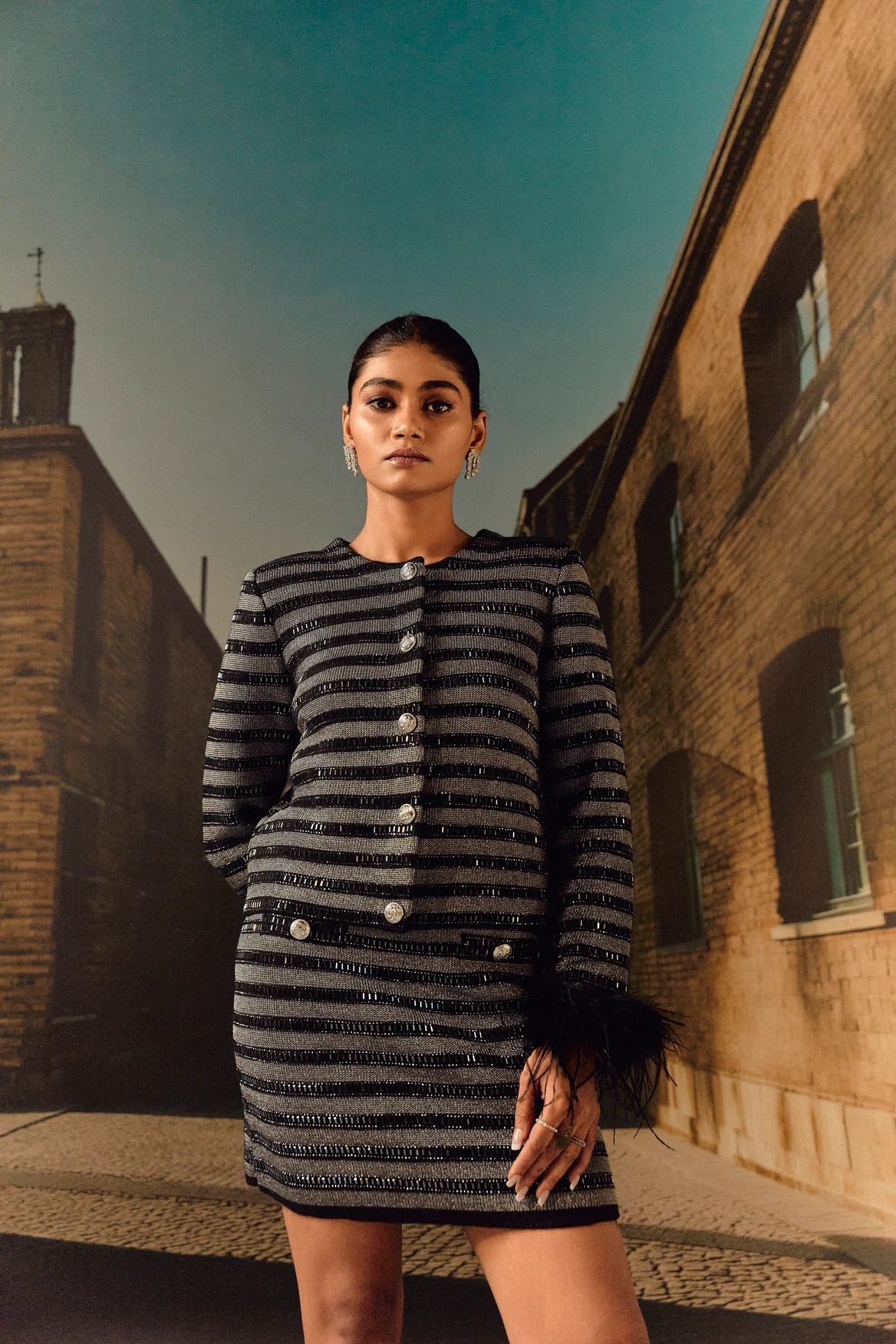 Stripe Knit jacket co ord with crystal and ostrich feather - Black