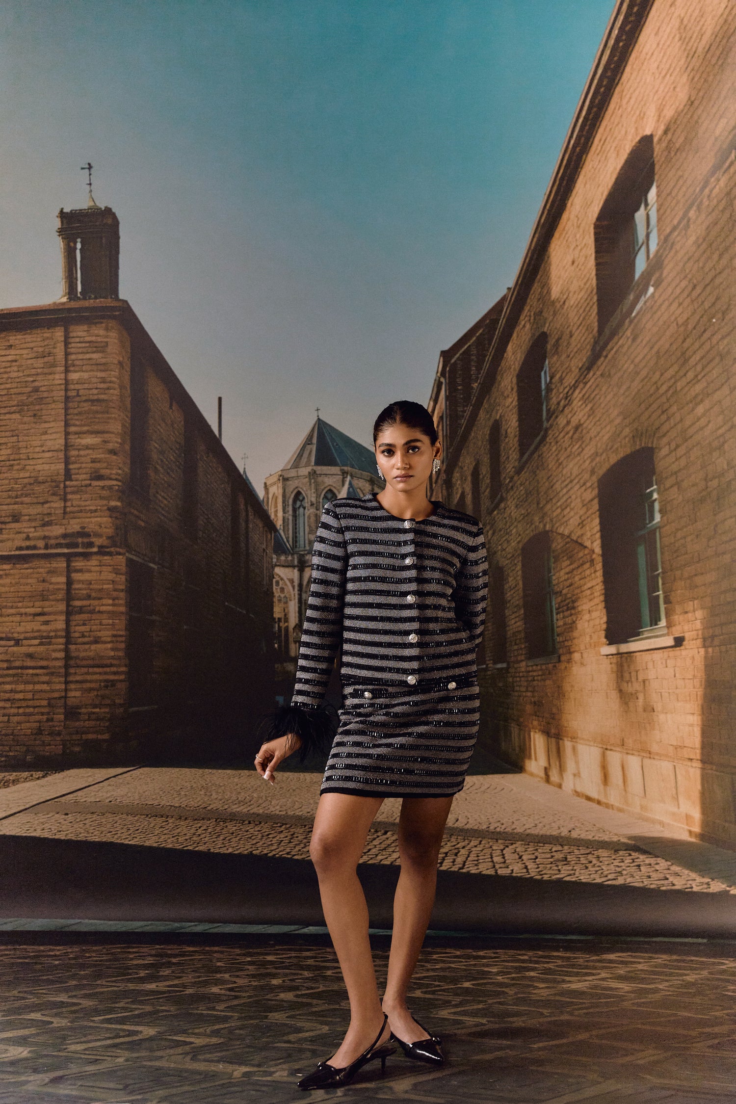Stripe Knit jacket co ord with crystal and ostrich feather - Black