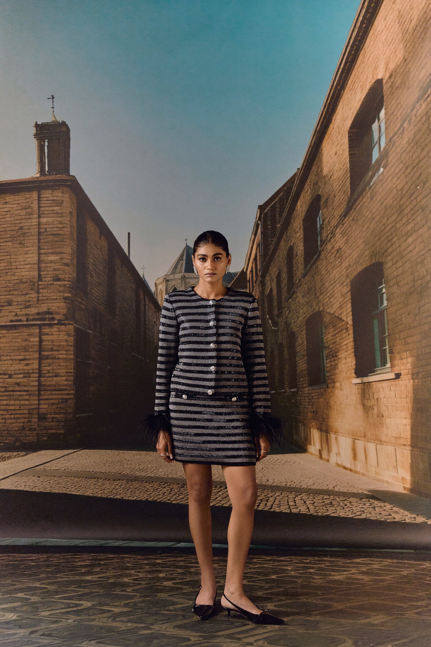 Stripe Knit jacket co ord with crystal and ostrich feather - Black