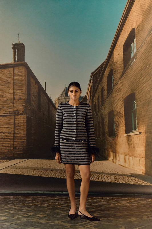 Stripe Knit jacket co ord with crystal and ostrich feather - Black