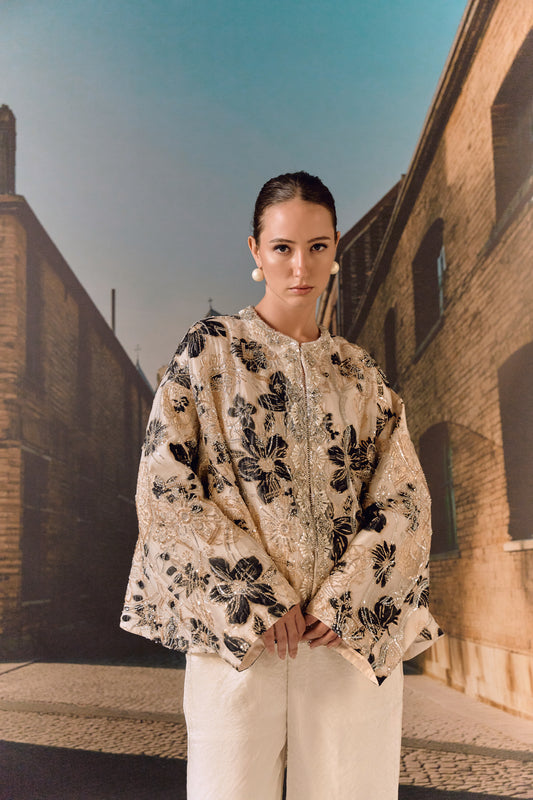 Ecru evening cape jacket with black silver floral embroidery