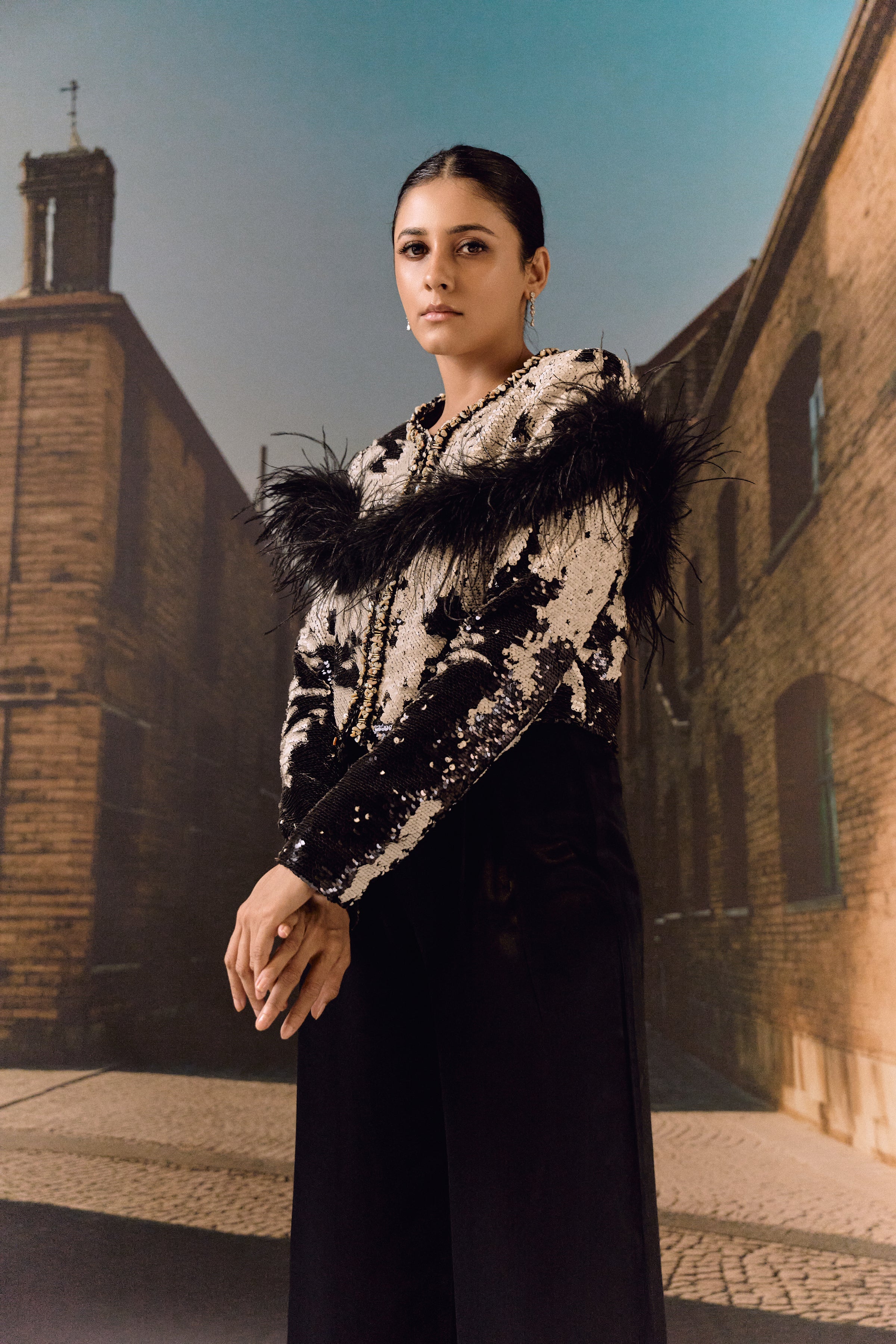 Black Beige sequined evening jacket with ostrich feather