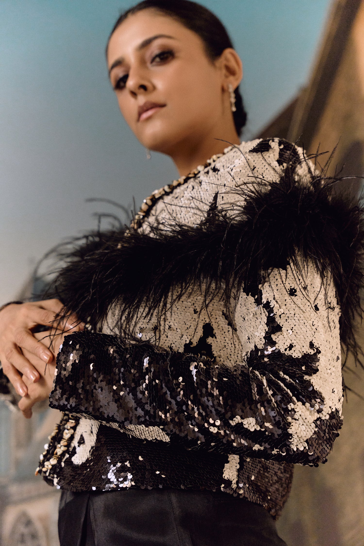 Black Beige sequined evening jacket with ostrich feather