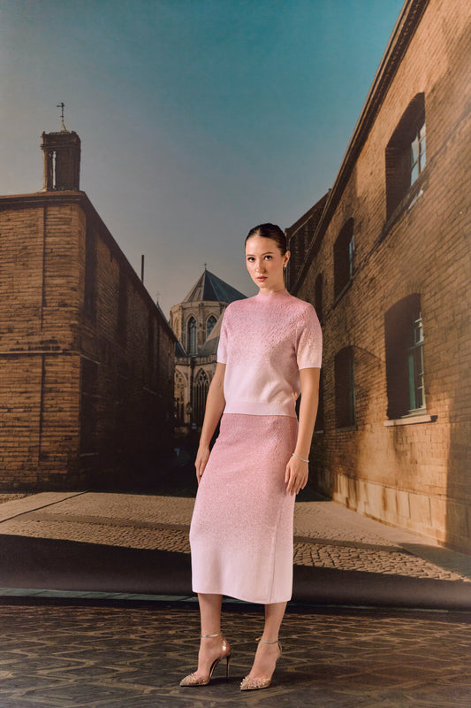 Swarovski skirt & top evening set in cashmere blend - Rose
