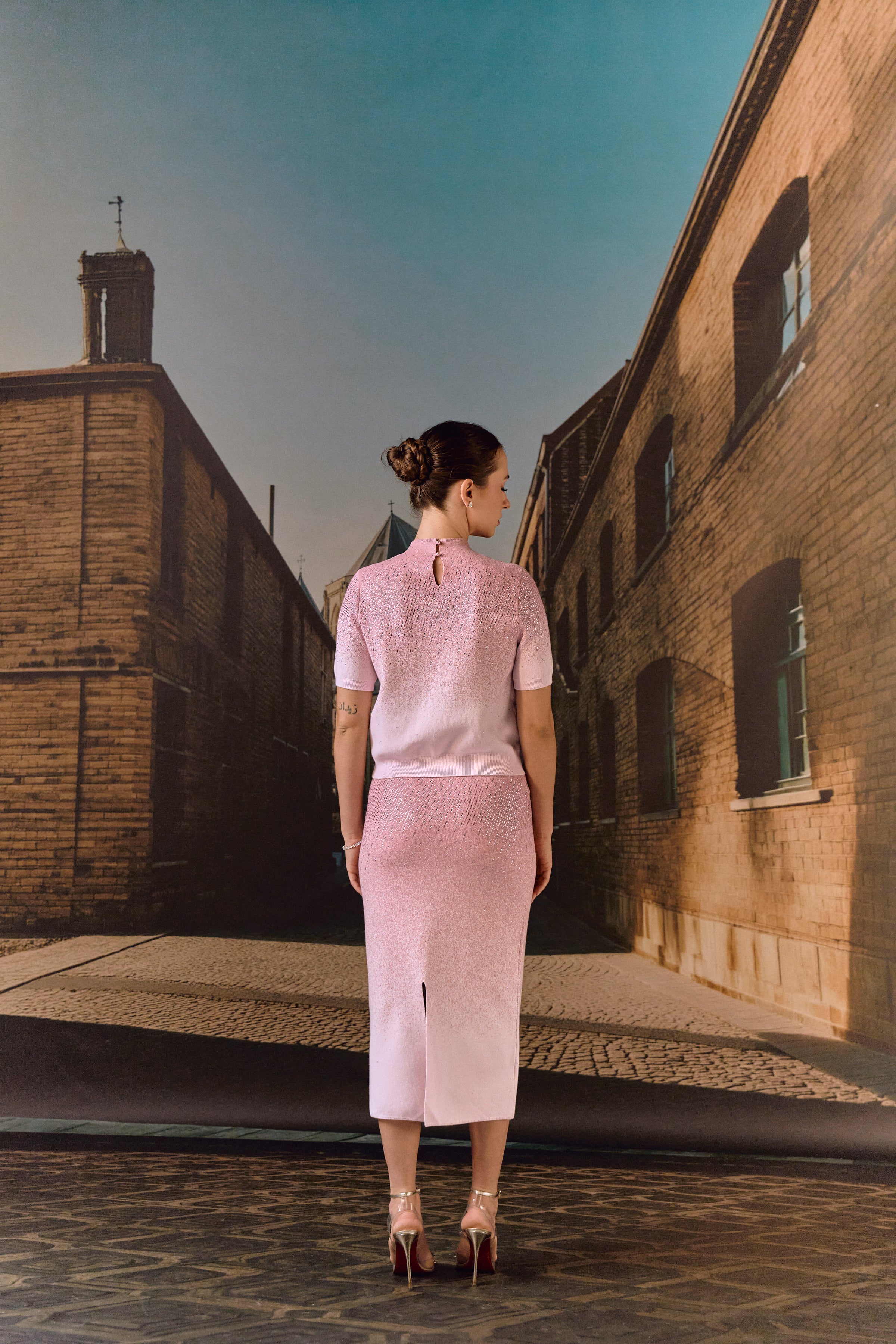 Swarovski skirt & top evening set in cashmere blend - Rose