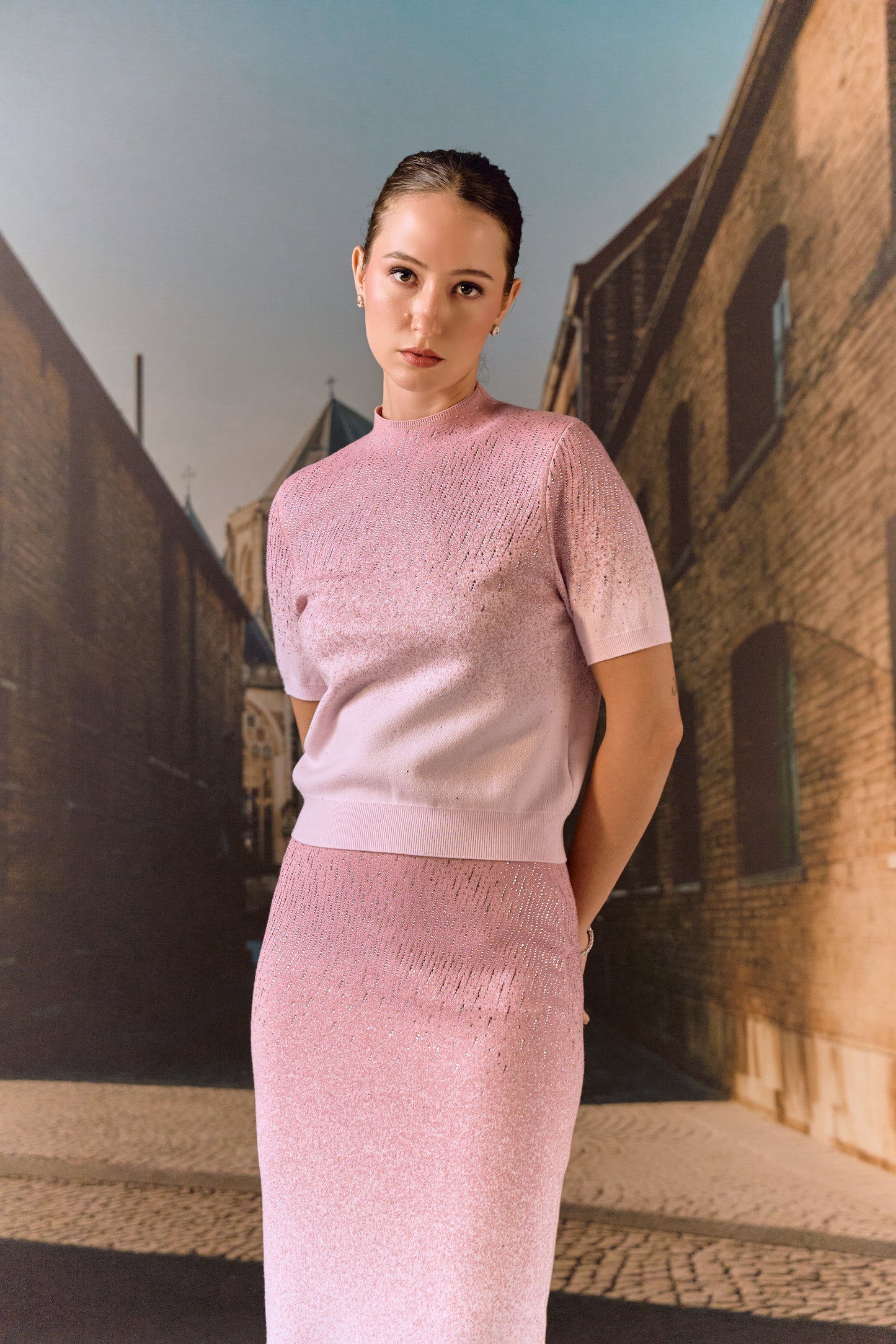 Swarovski skirt & top evening set in cashmere blend - Rose