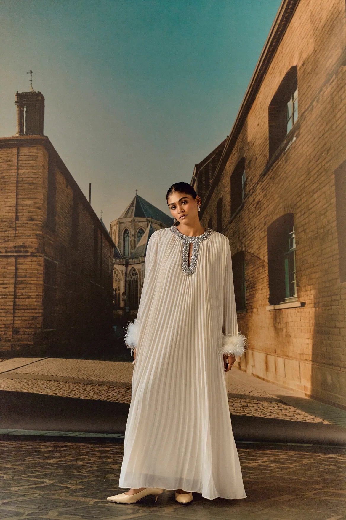 Crystal Embellished Pleated Kaftan- Ivory