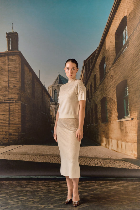 Swarovski skirt & top evening set in cashmere blend - Ecru