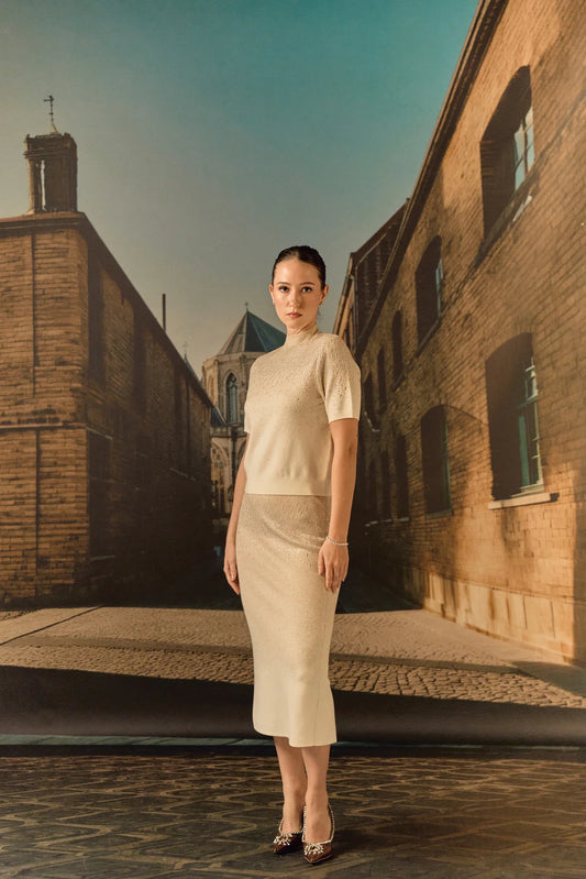 Swarovski skirt & top evening set in cashmere blend - Ecru
