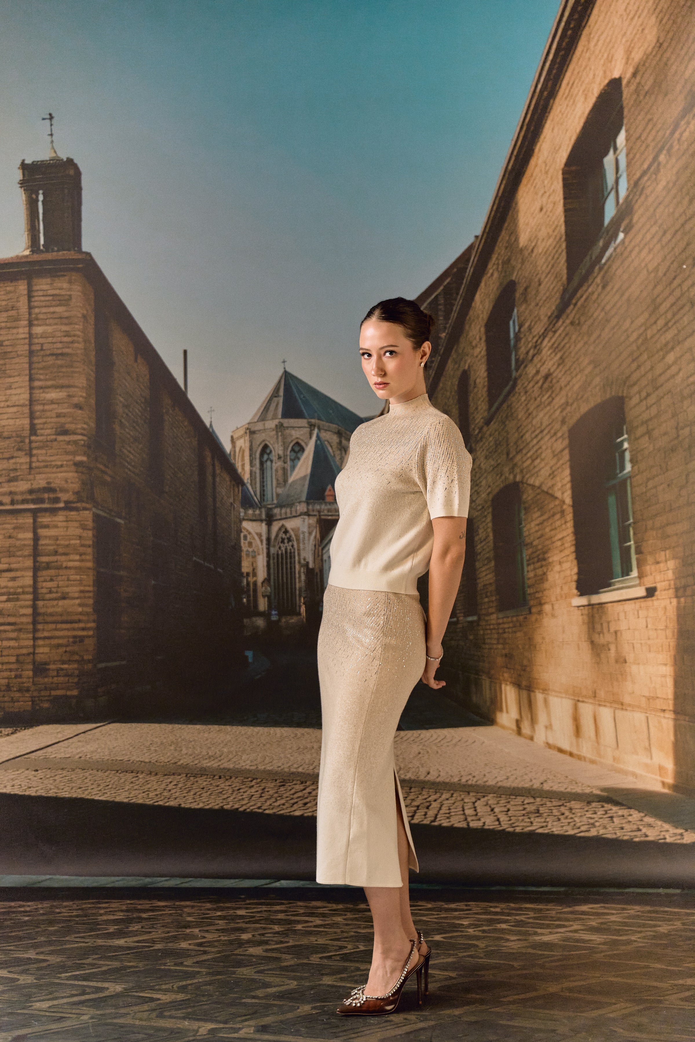 Swarovski skirt & top evening set in cashmere blend - Ecru