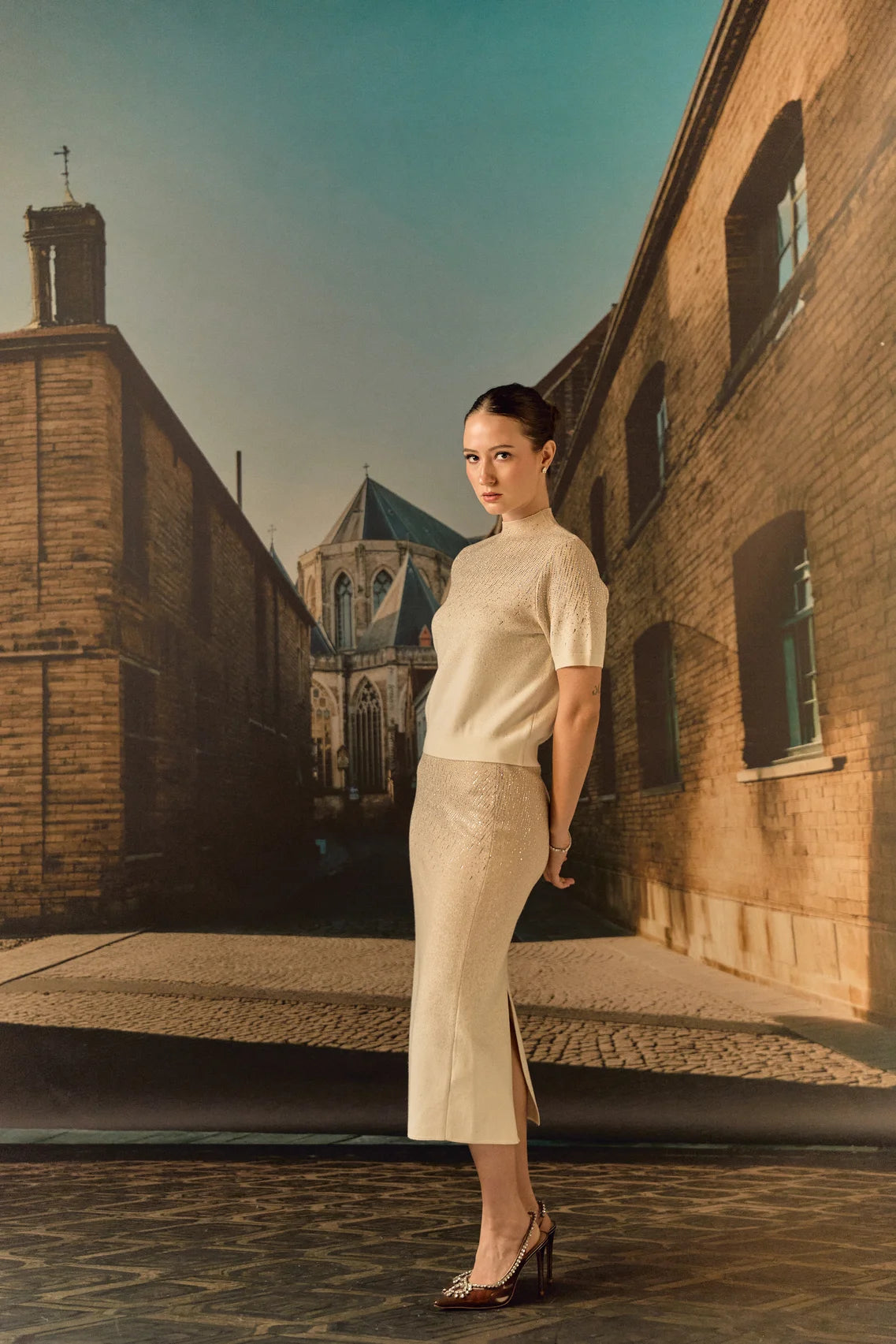 Swarovski skirt & top evening set in cashmere blend - Ecru