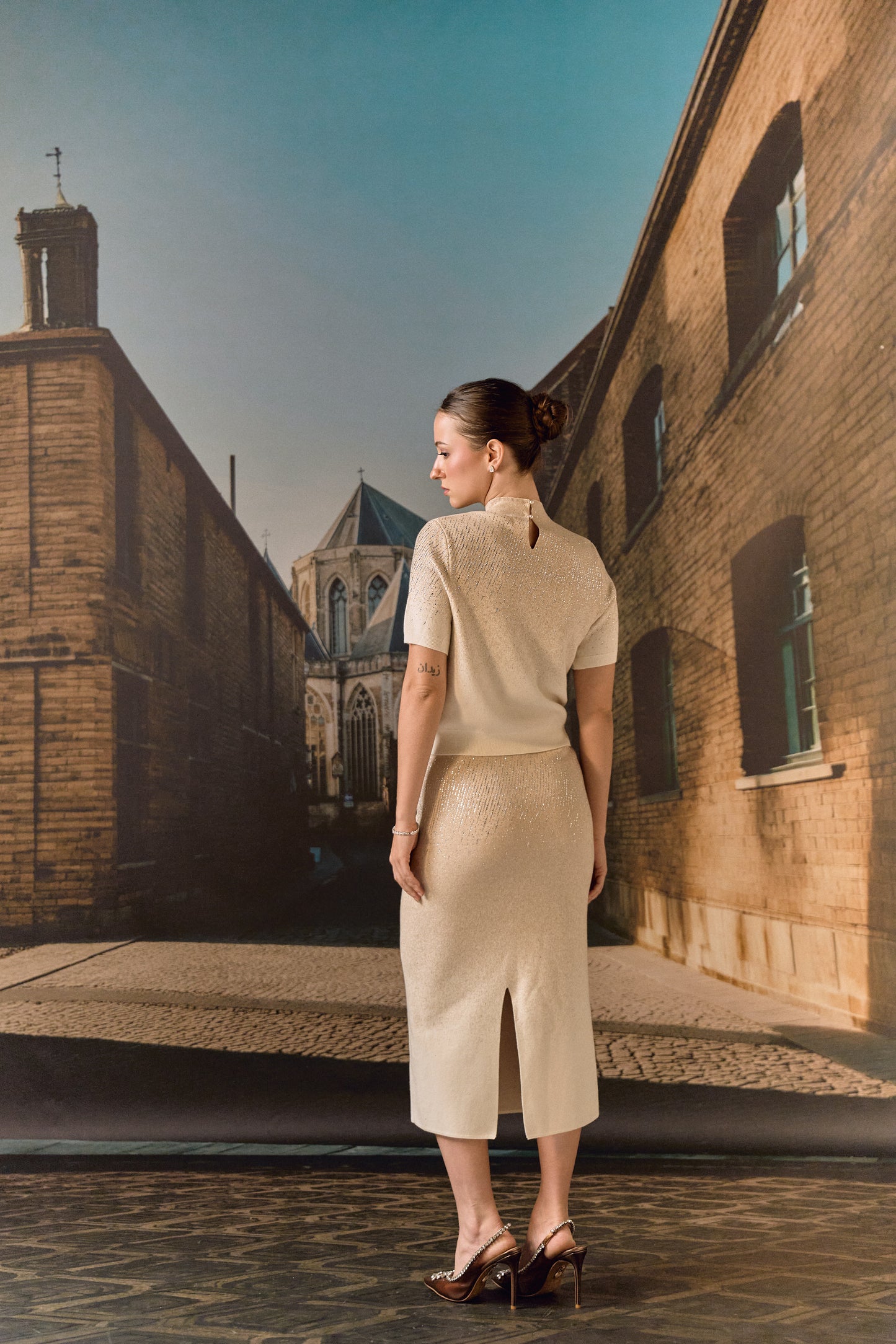 Swarovski skirt & top evening set in cashmere blend - Ecru