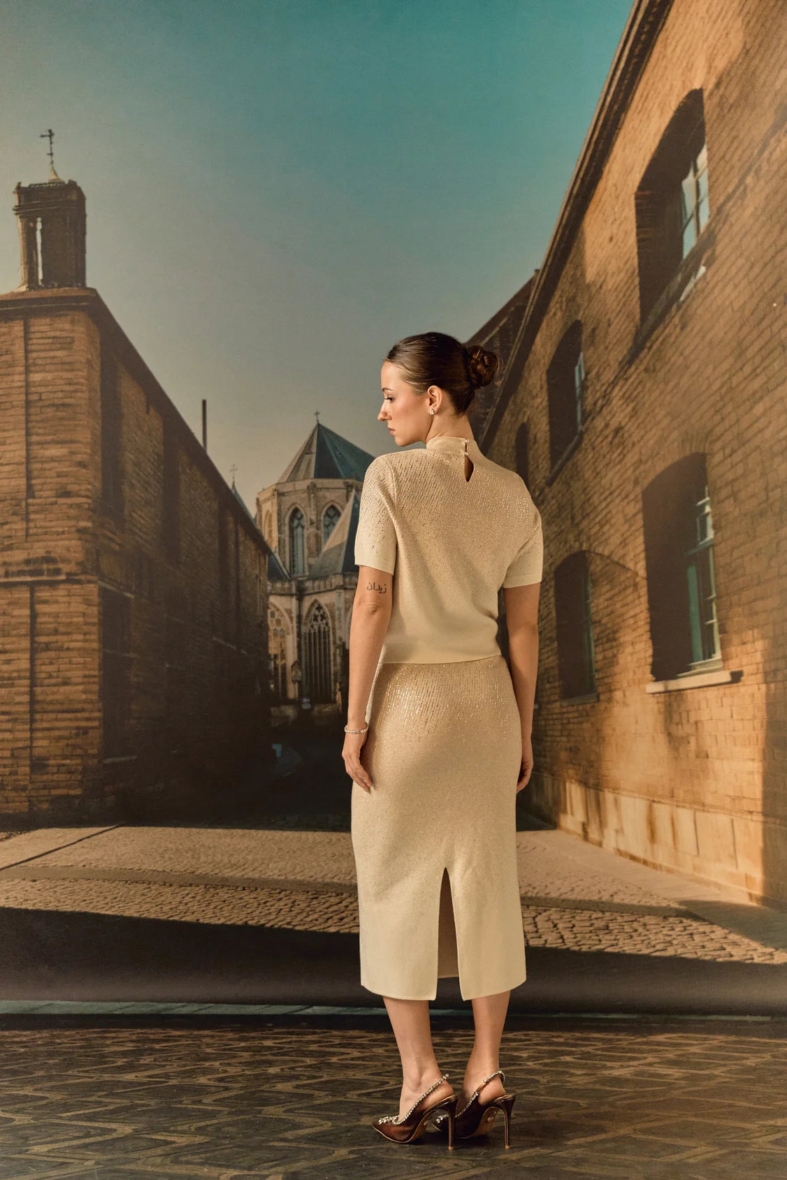 Swarovski skirt & top evening set in cashmere blend - Ecru