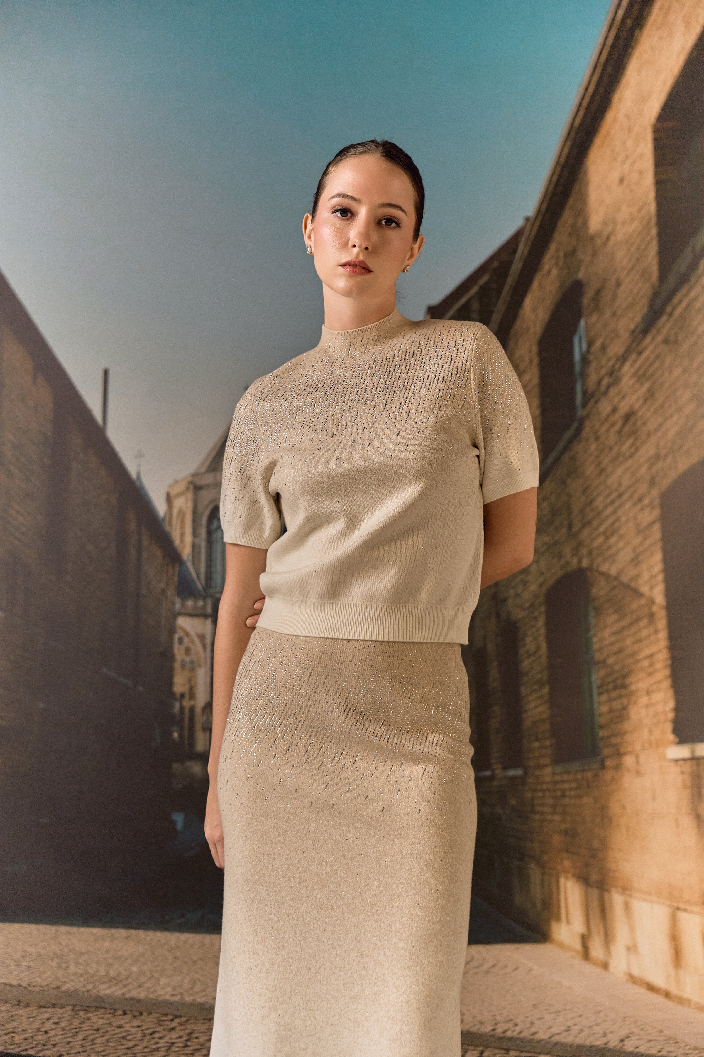 Swarovski skirt & top evening set in cashmere blend - Ecru