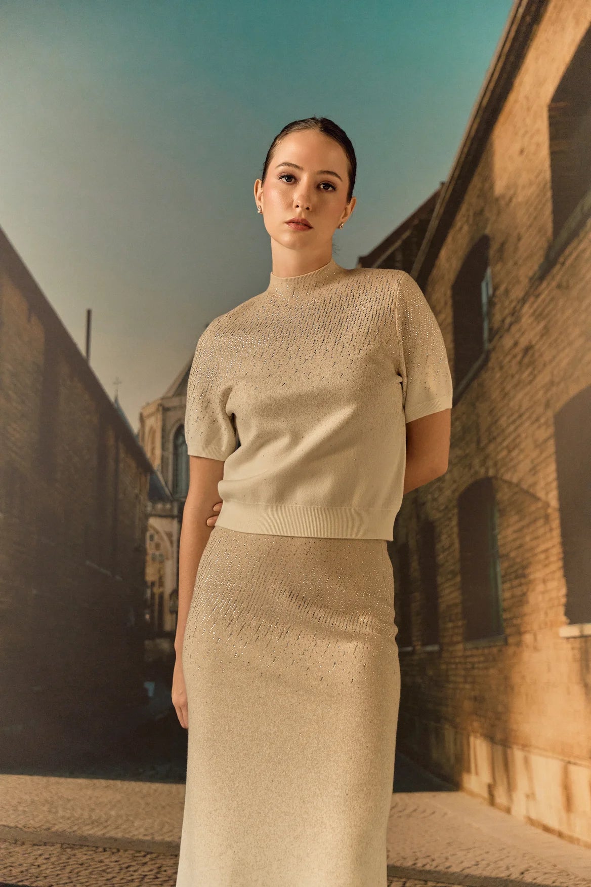 Swarovski skirt & top evening set in cashmere blend - Ecru