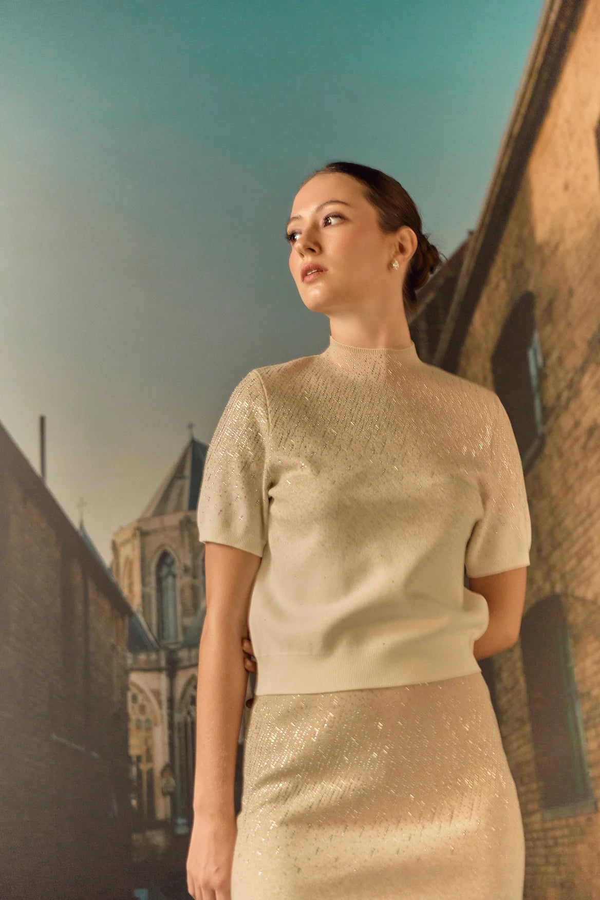 Swarovski skirt & top evening set in cashmere blend - Ecru