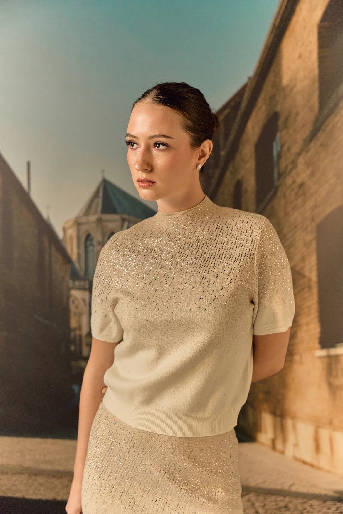 Swarovski skirt & top evening set in cashmere blend - Ecru